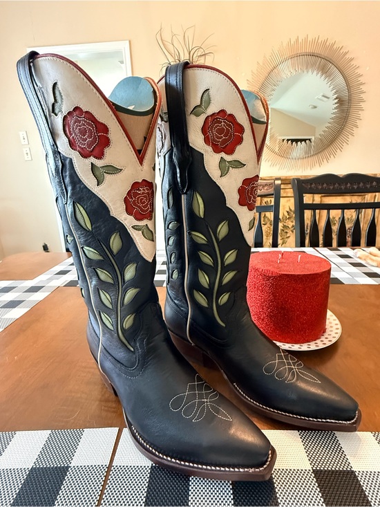 Tecovas Shoes - Tecovas Black Leather Women's Cowboy Boots with Red Rose Embroidery scarf.